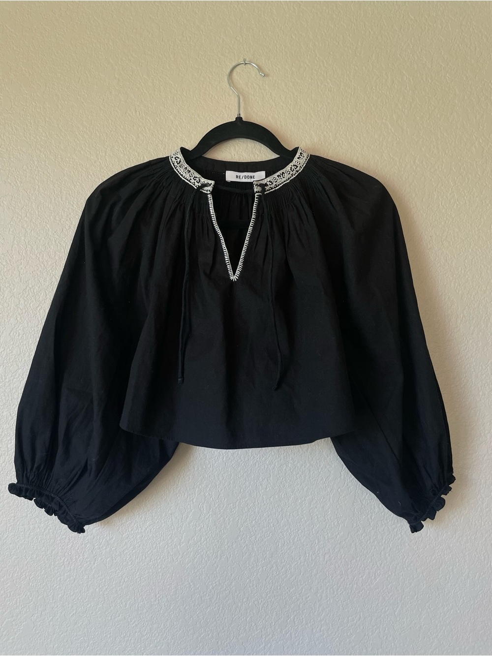 Re/Done Victorian Cut Off Black Puff Sleeve Peasant Top with Embroidered Collar